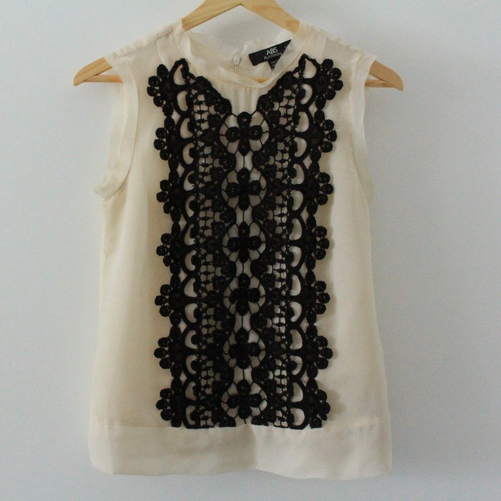 cream chiffon + black lace crochet sleeveless top